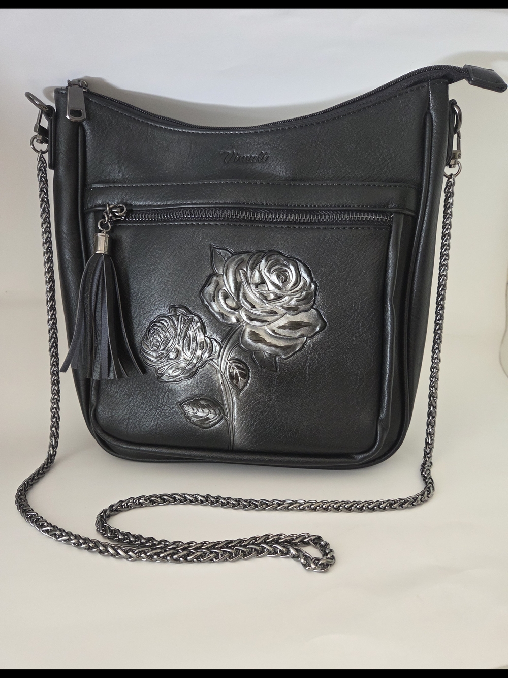 Black Vegan Leather Crossbody Bag Edgy, Biker, Rocker With Embossed Silver Rose